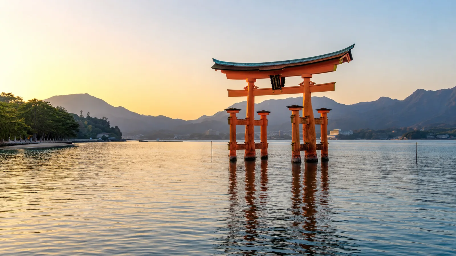 Chugoku Itsukushima Shrine floating torii gate at sunrise