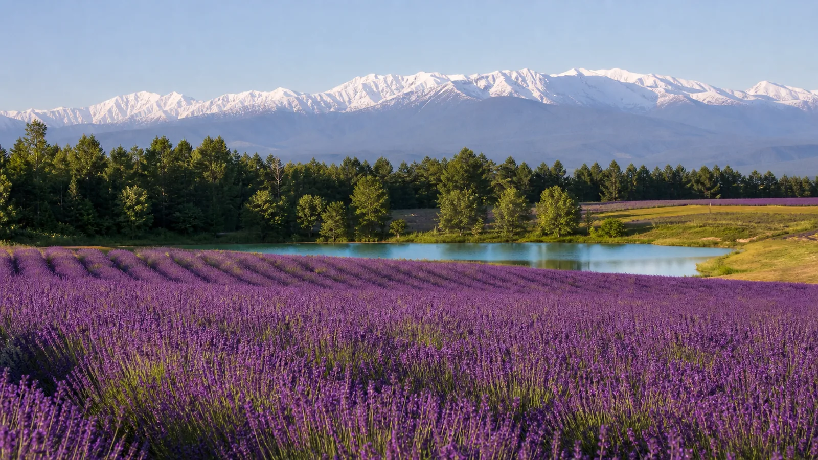 Hokkaido lavender fields in Furano with snow-covered mountains