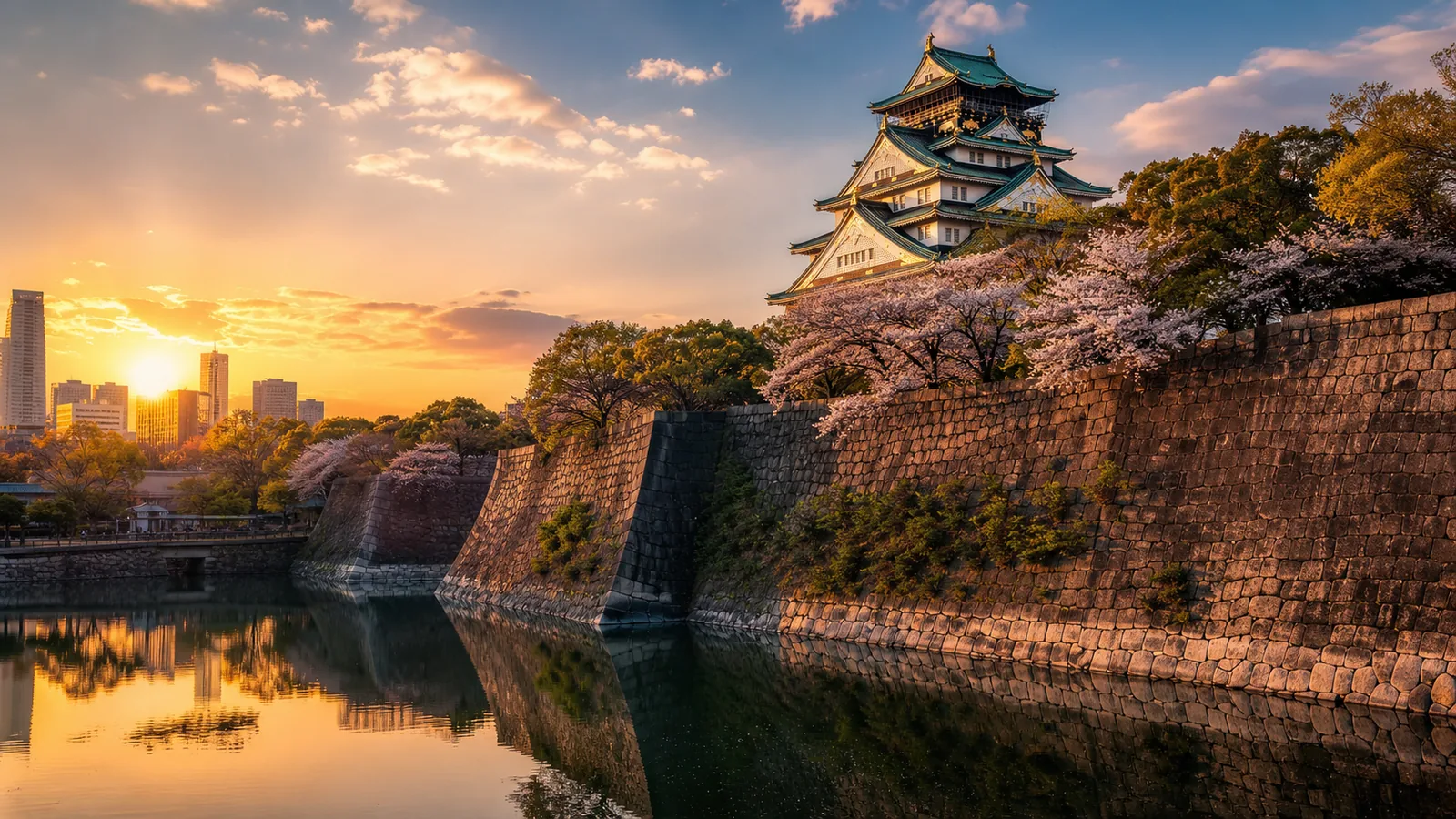 Osaka Castle in Kansai at golden hour