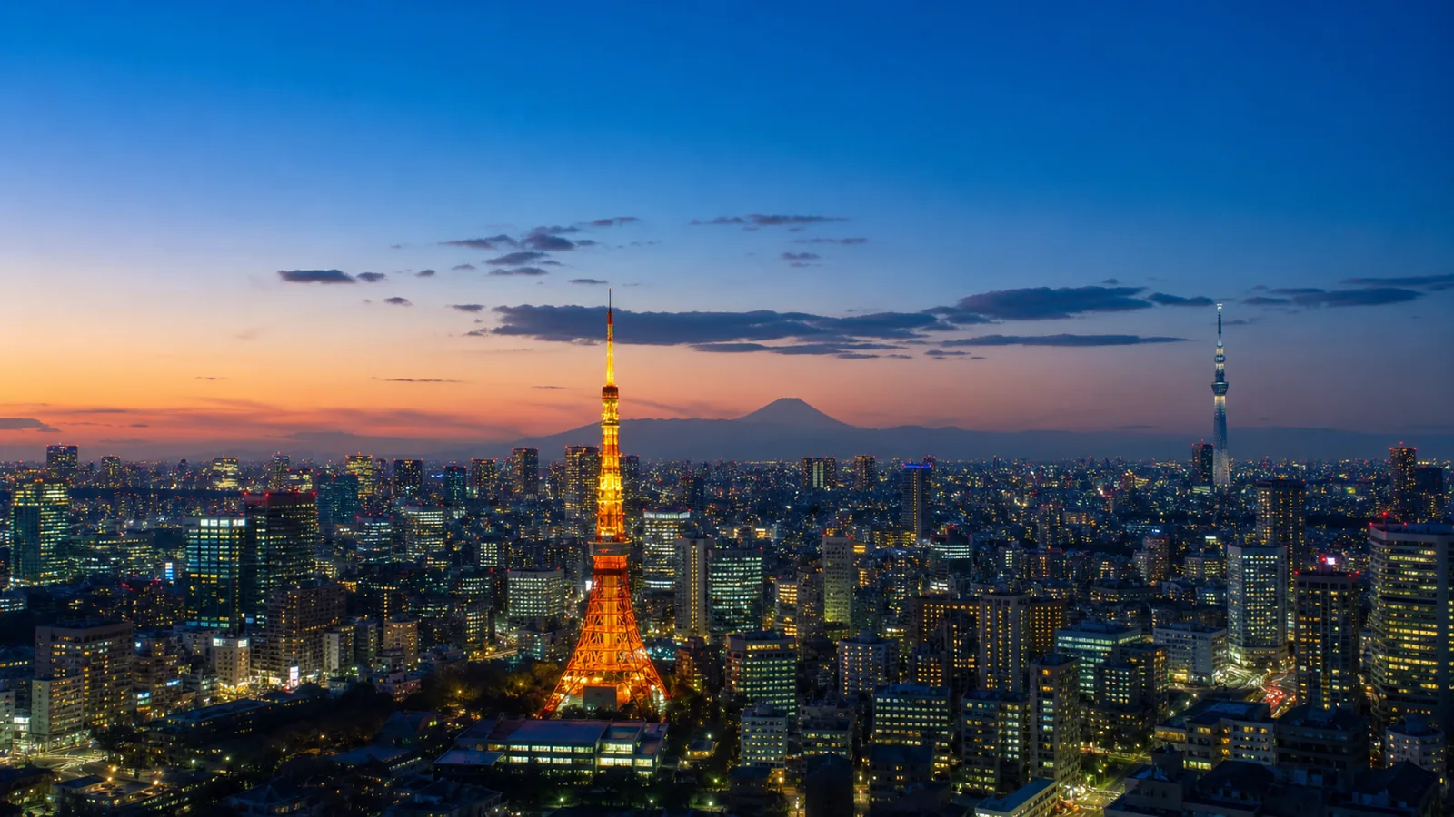 Tokyo skyline in the Kanto region with Tokyo Tower and Mount Fuji