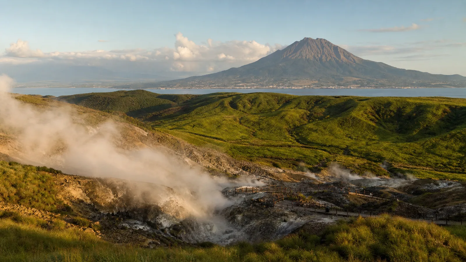 Kyushu Mount Aso volcanic landscape with hot spring steam