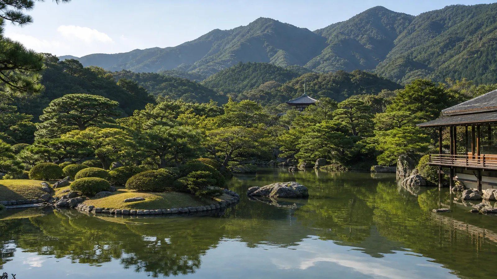 Shikoku Ritsurin Garden with mountains and pond