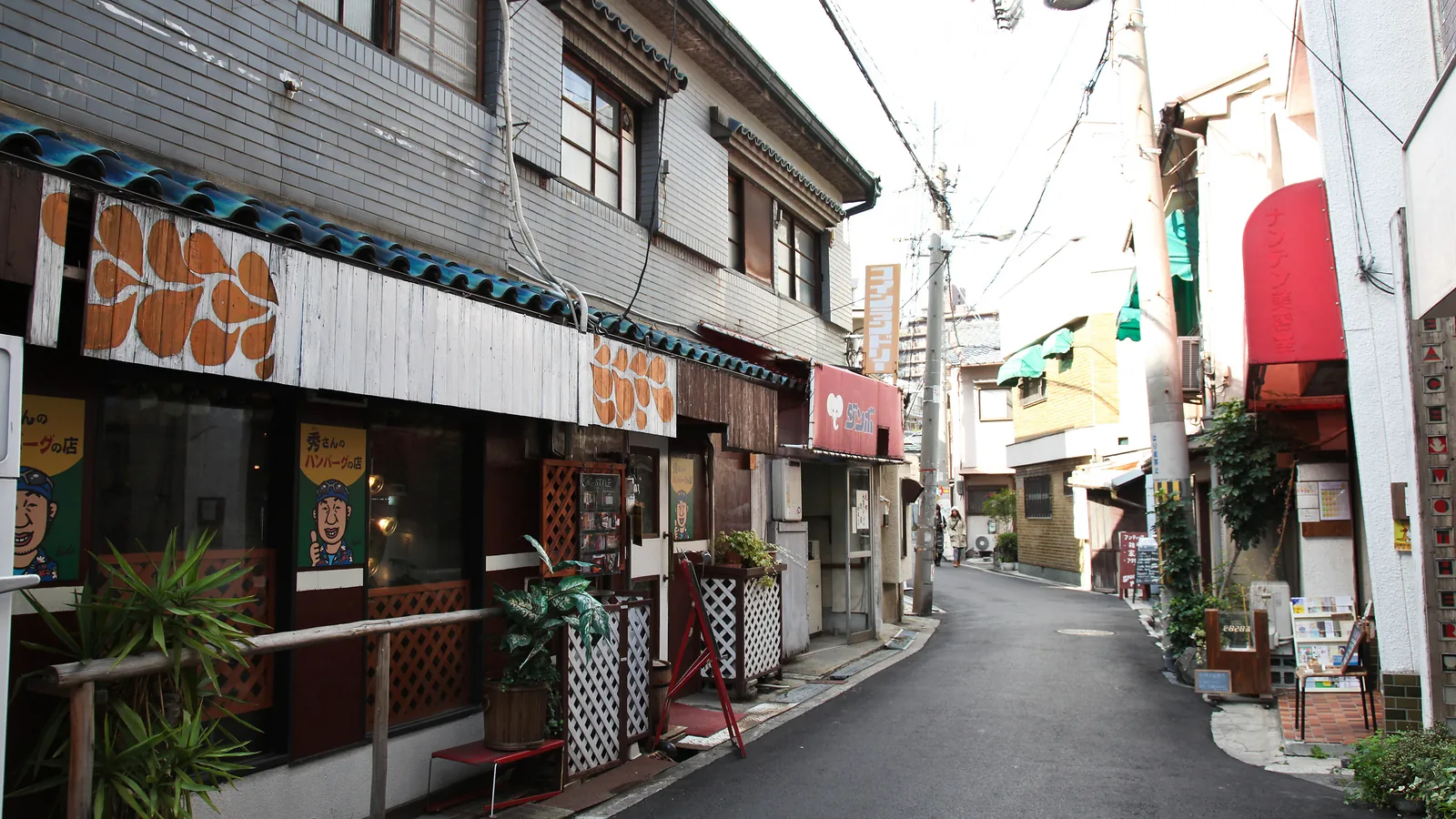 Retro backstreet in Nakazakicho, Osaka with small shops and low-rise buildings