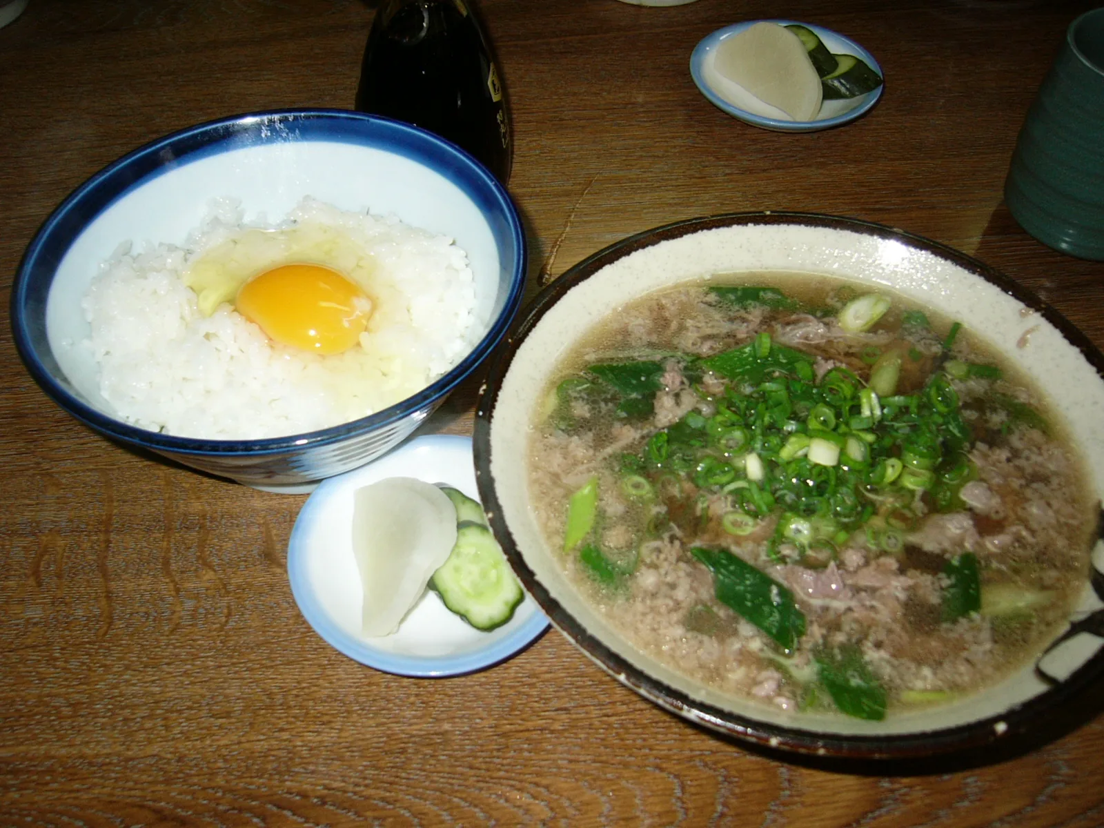 Nikusui beef soup served with raw egg rice at Chitose in Osaka
