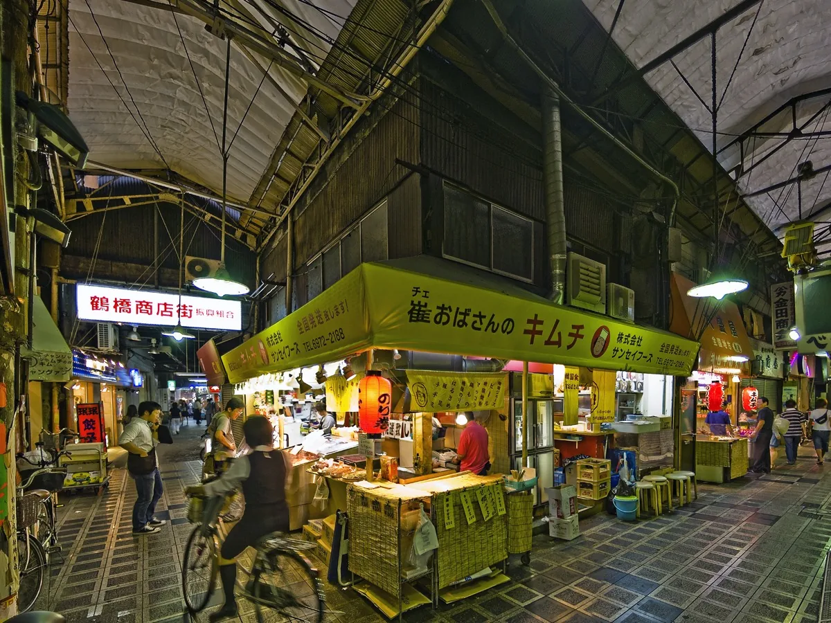 A food stall inside Tsuruhashi Market in Osaka