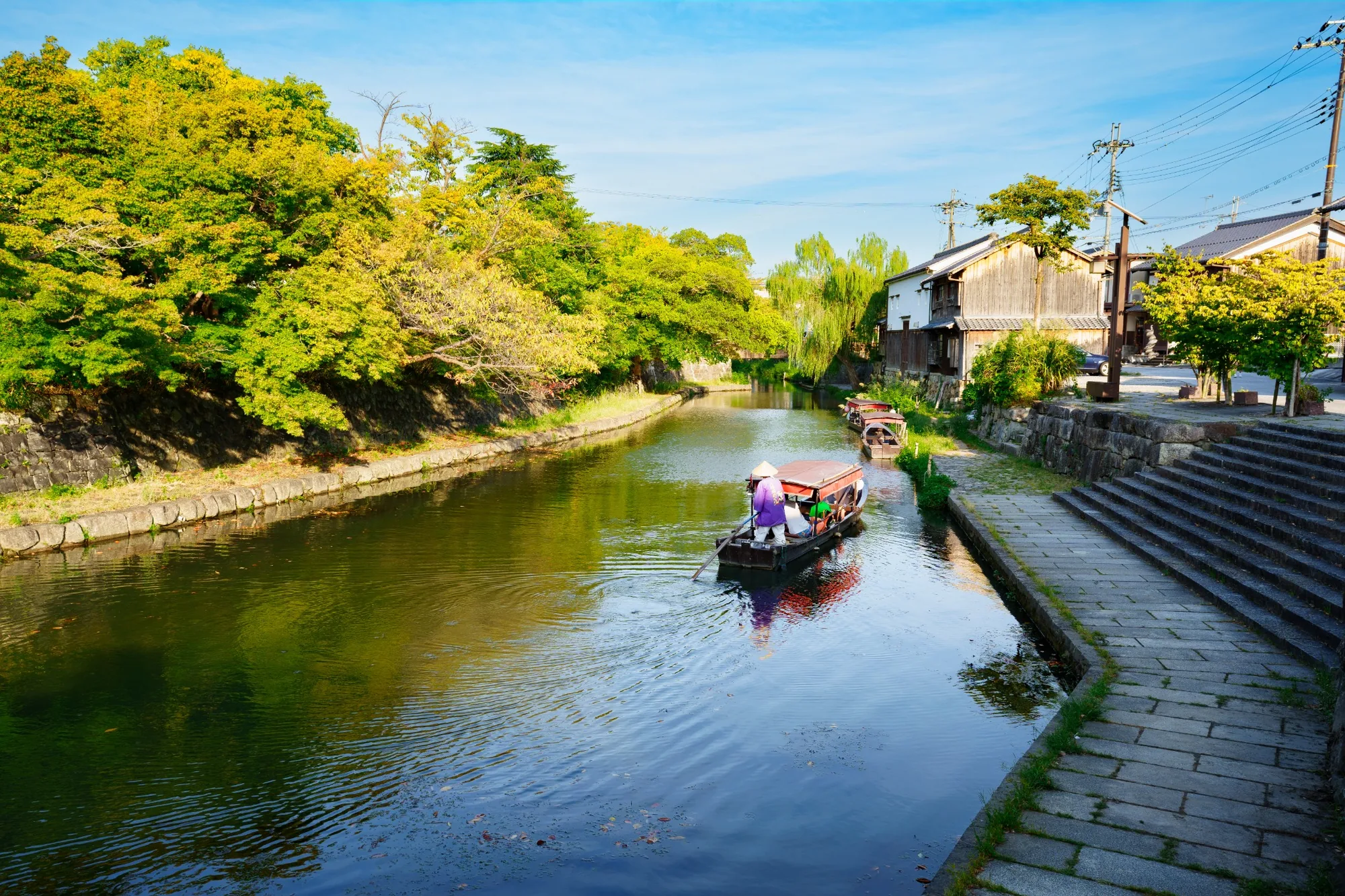 Traditional boat on Hachiman-bori Canal in Omi Hachiman