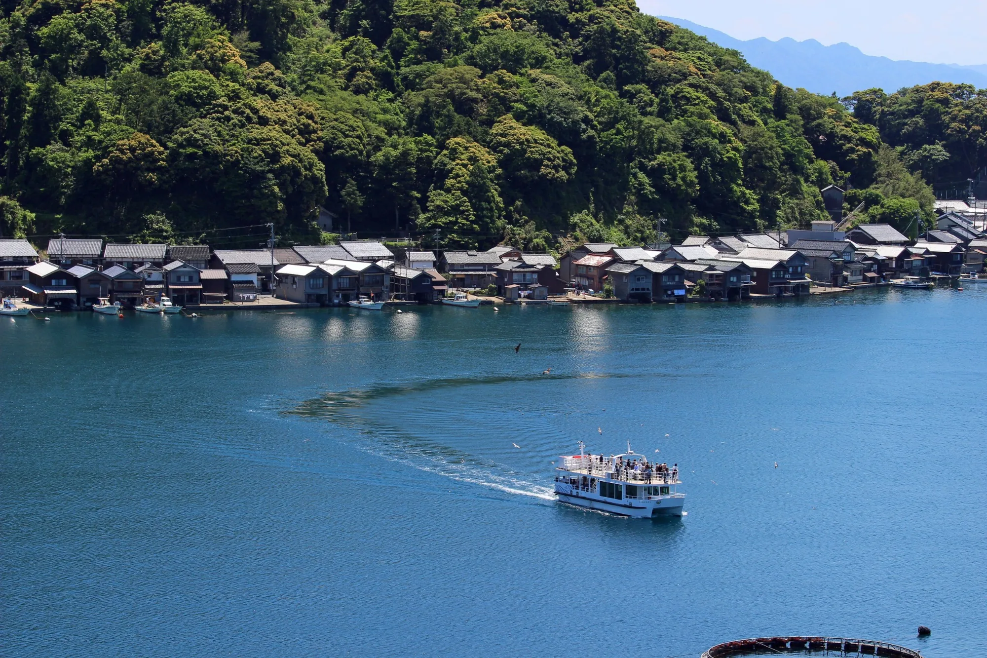 Ine Bay sightseeing boat cruising past traditional funaya houses