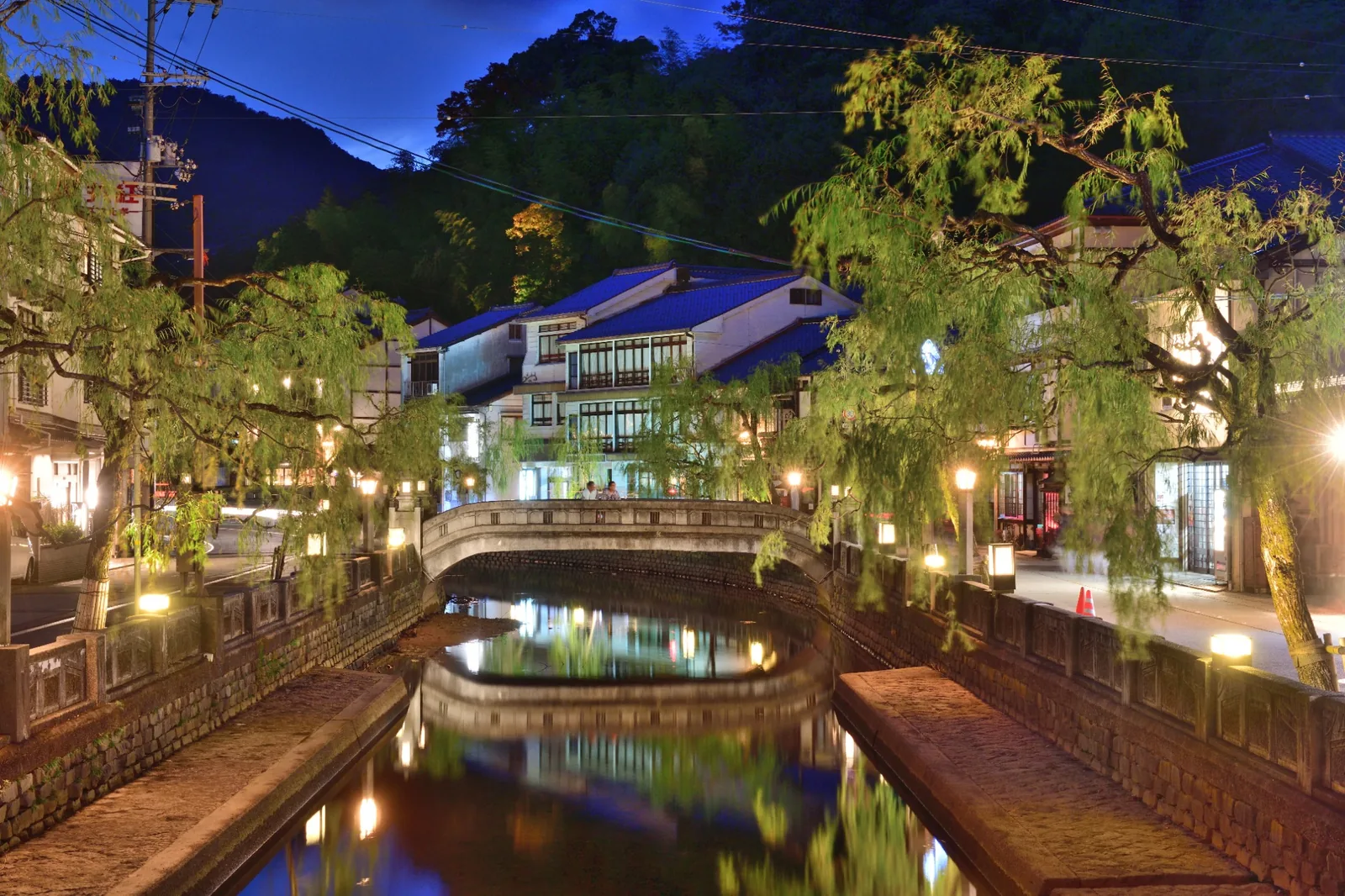 Kinosaki Onsen illuminated at night along the canal in Hyogo