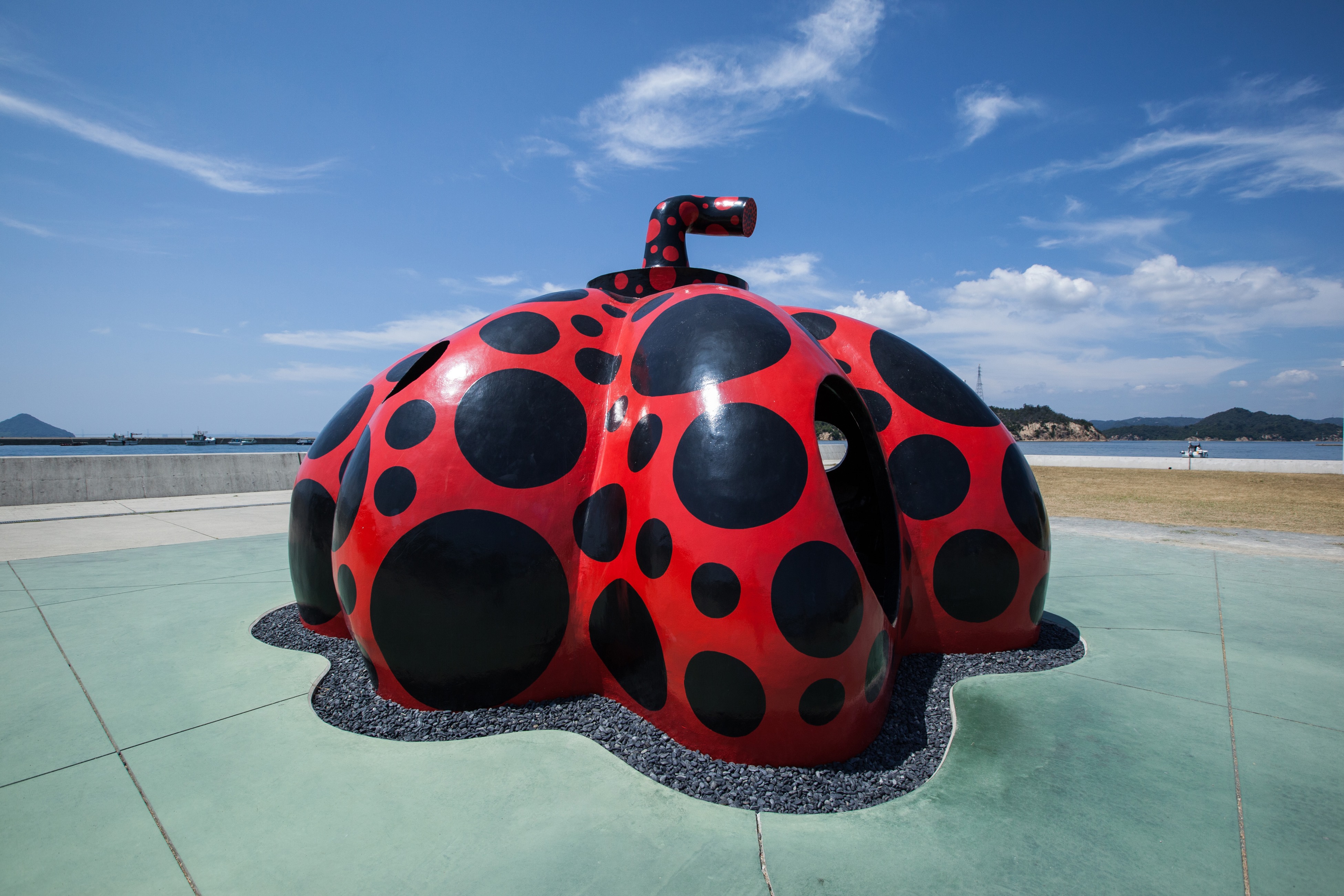Yayoi Kusama's Red Pumpkin at Miyanoura Port on Naoshima
