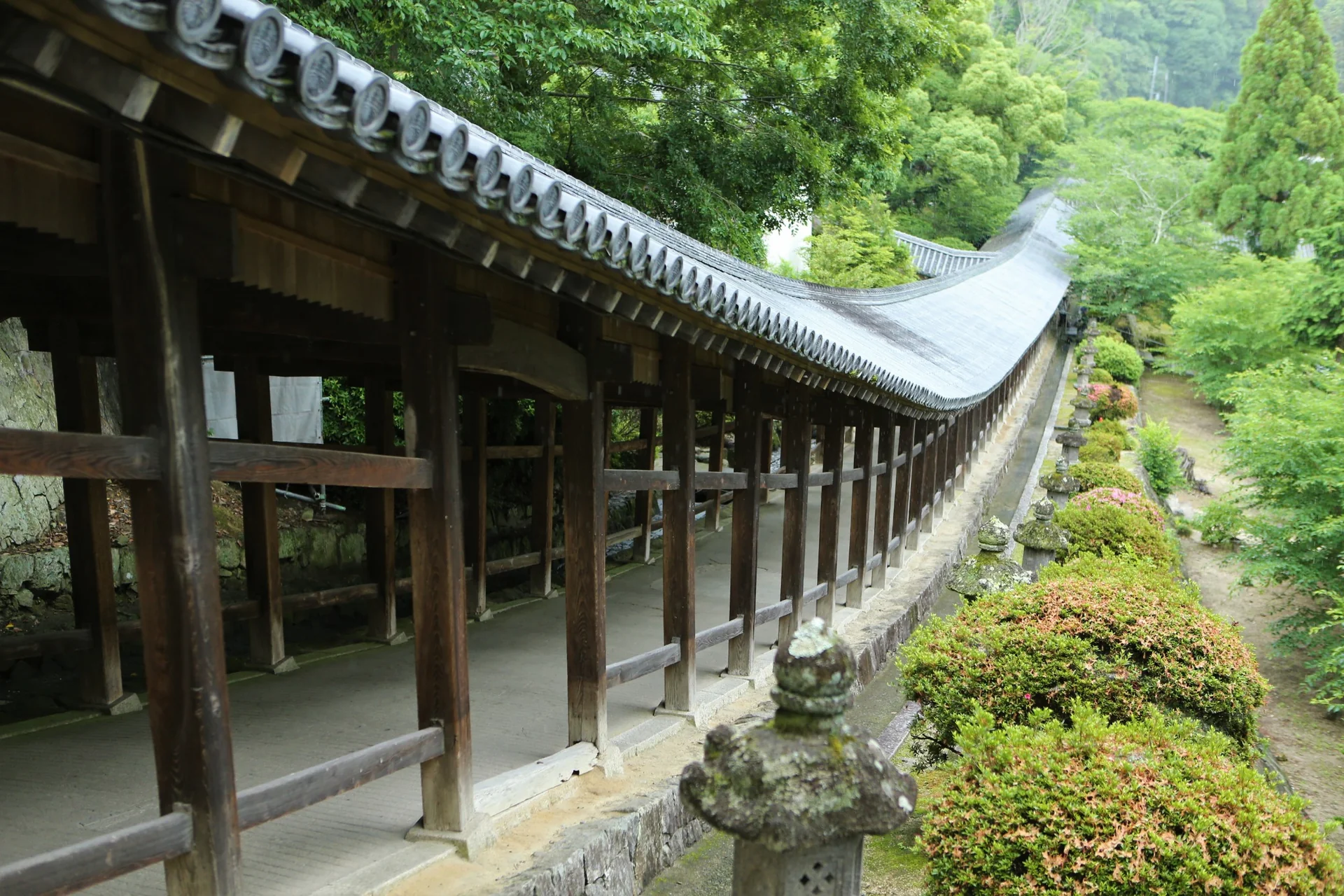 Long wooden corridor at Kibitsu Shrine in Okayama, Japan