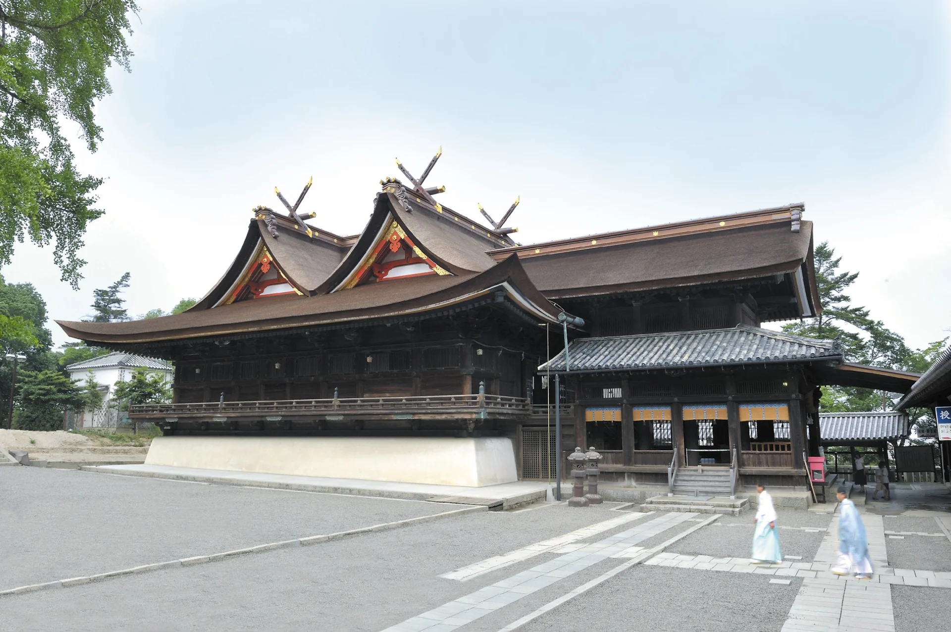 Main hall and worship hall of Kibitsu Shrine in Okayama, Japan
