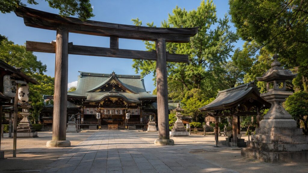 Osaka Tenmangu Shrine gate and main shrine buildings in Osaka
